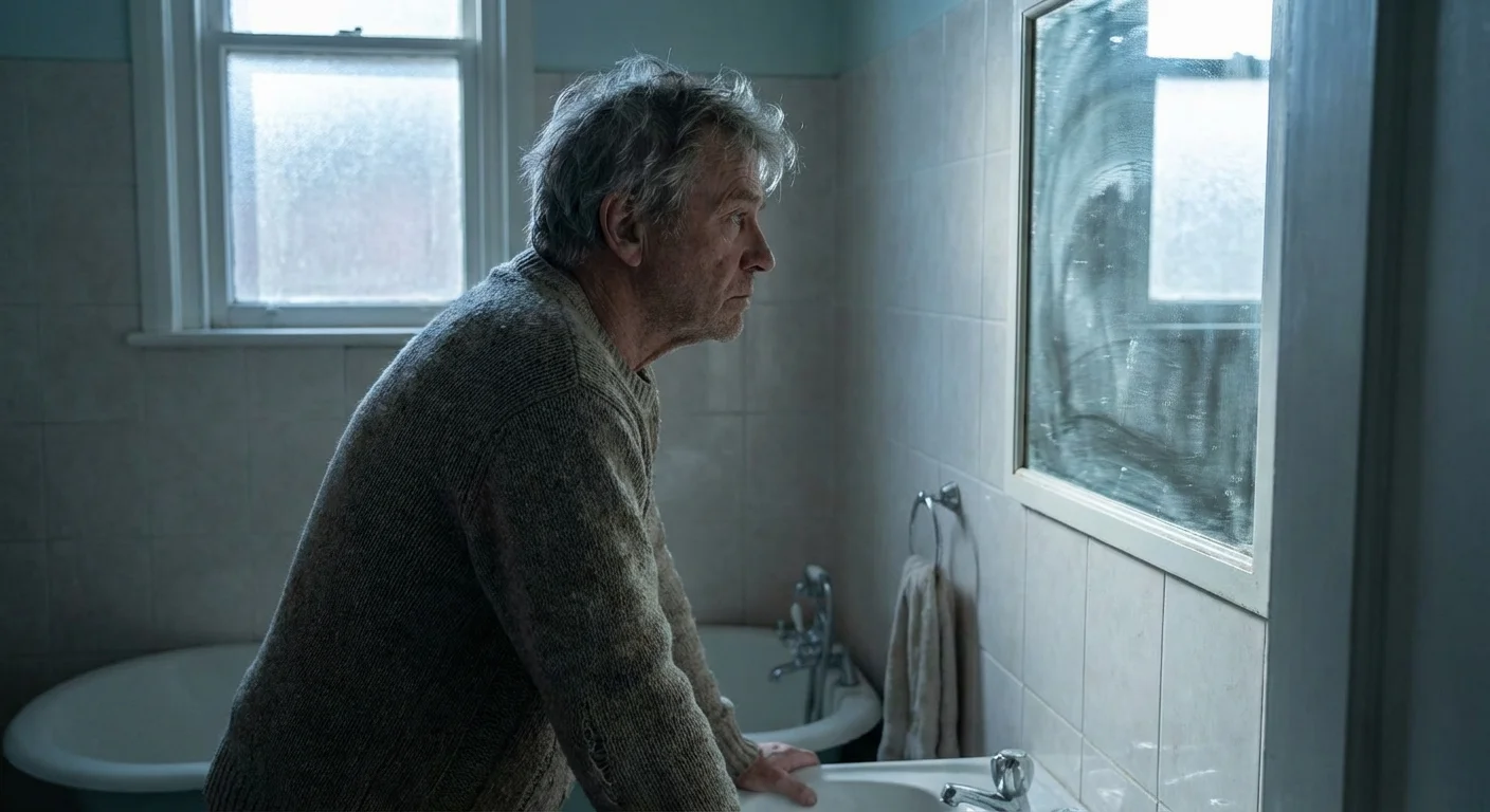 A man looking at his own reflection in a bathroom mirror.