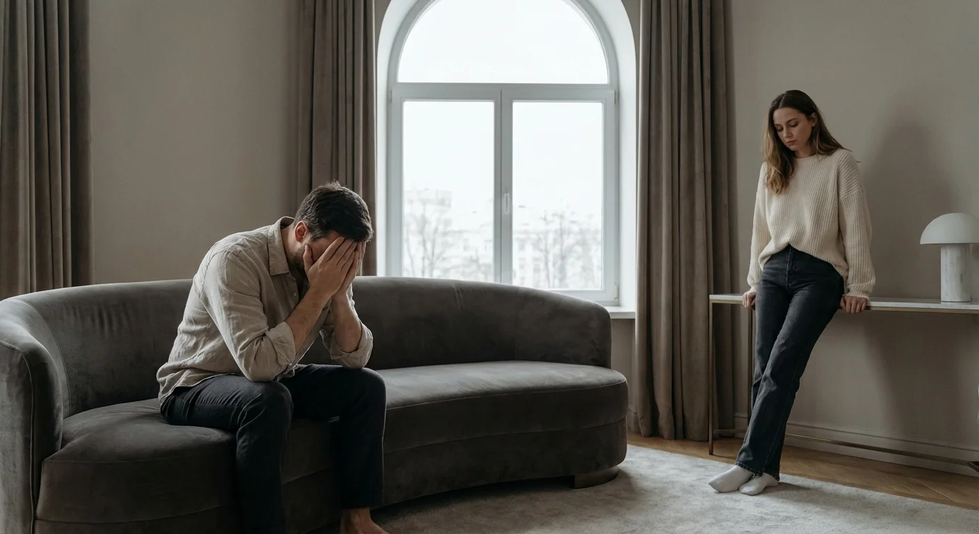 A man performing a dramatic display of grief on a sofa while a woman looks on, exhausted.