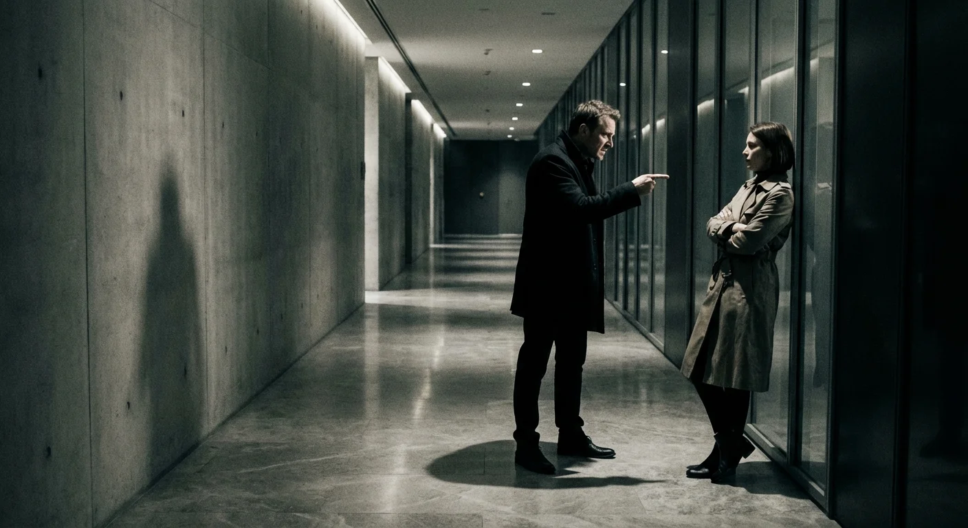 A man pointing an accusatory finger at a woman in a dark, modern hallway.
