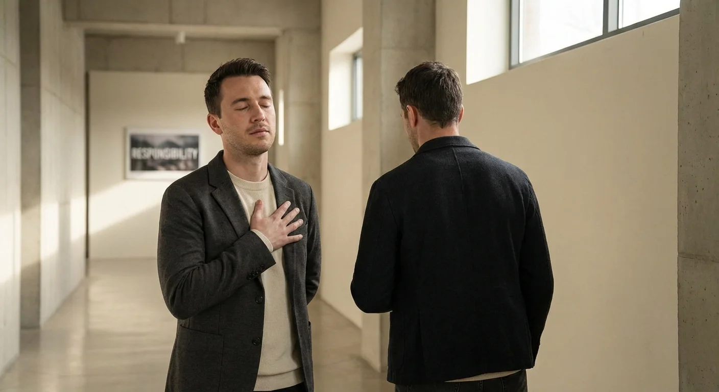 A man taking a grounding breath, focusing on his own emotional regulation.