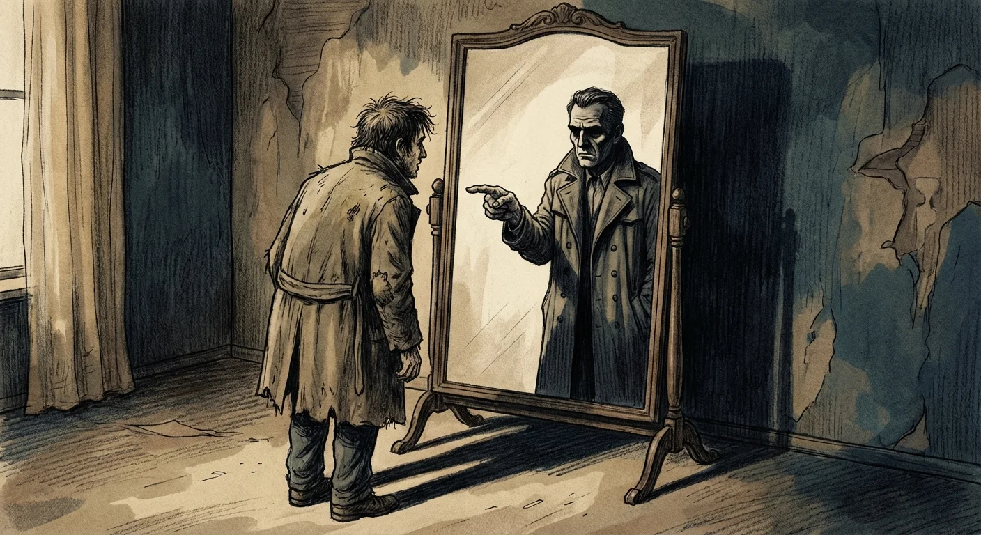 A mirror reflection pointing an accusing finger at the person looking into it.