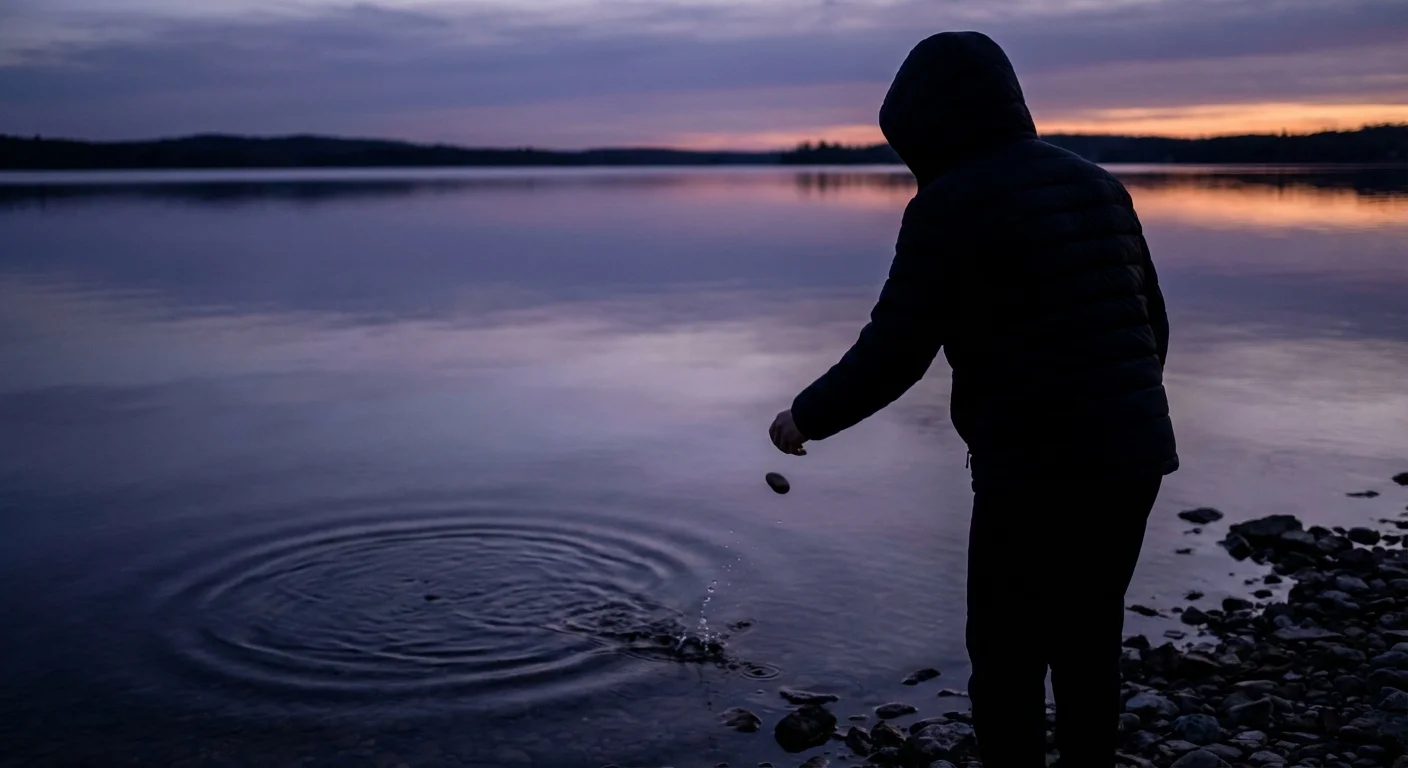 A person at a lake at sunset, dropping a stone to represent letting go of a grudge.