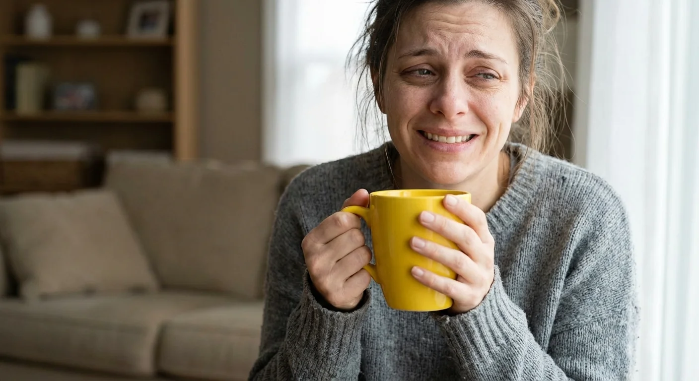 A person holding a yellow mug with a forced, tired expression, showing the strain of toxic positivity.