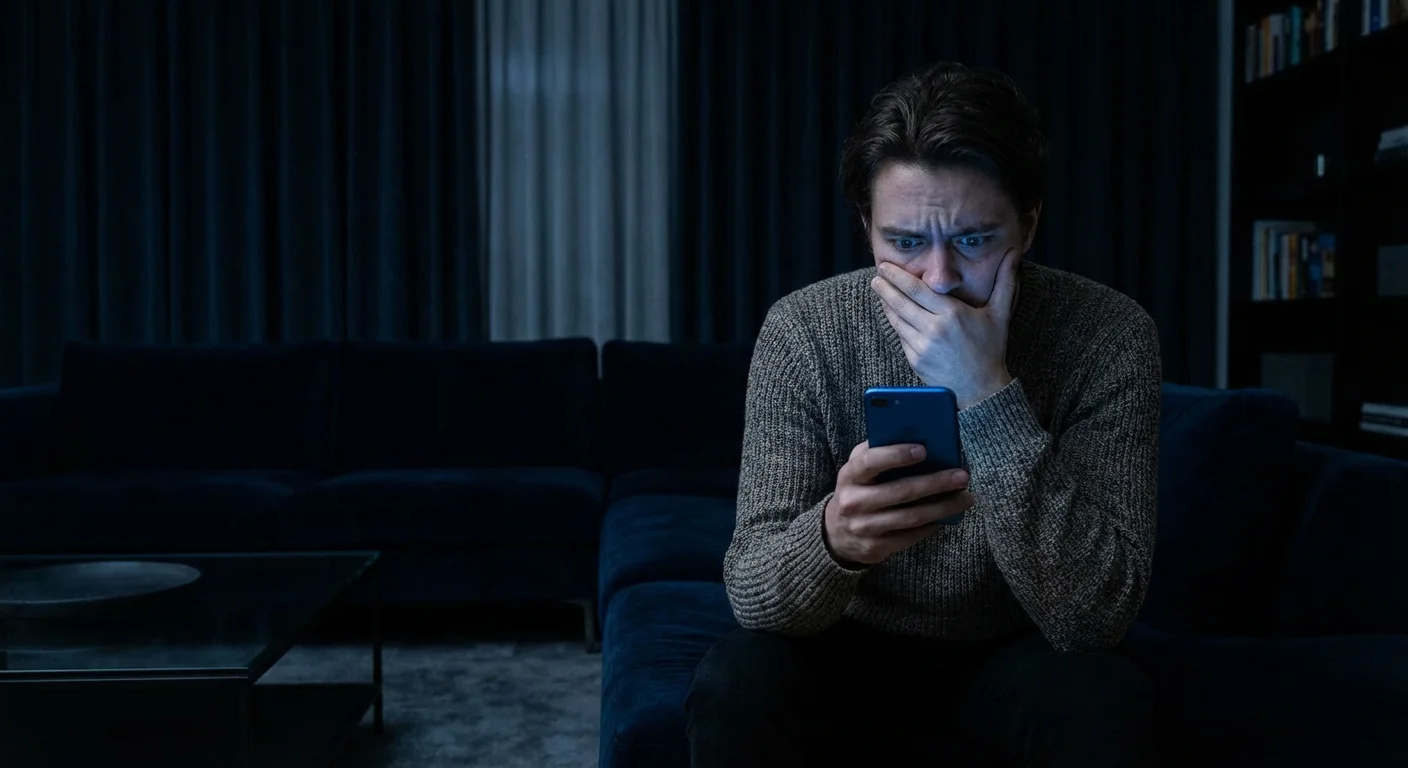 A person looking at their phone in the dark with an anxious expression.