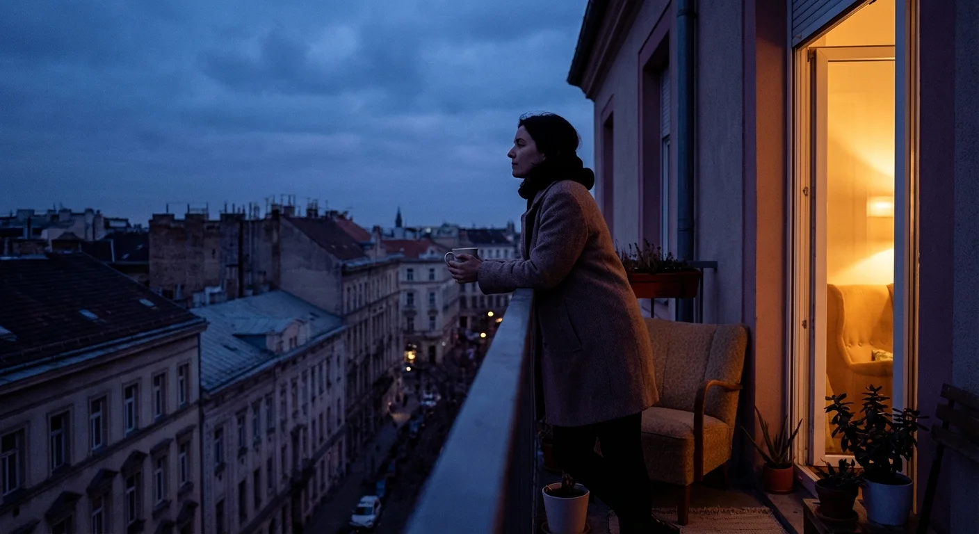 A person looking peaceful and self-assured while standing alone on a balcony.