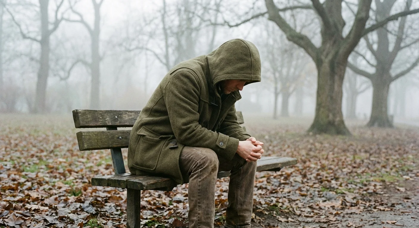 A person sitting alone on a park bench in the fog, looking down in a moment of isolation.
