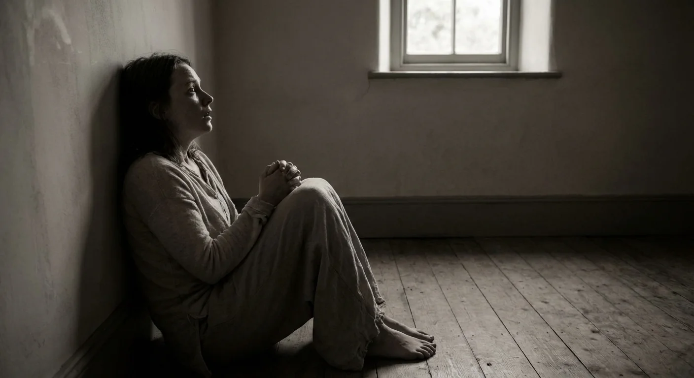A person sitting on the floor leaning against a wall, appearing to be in a moment of high stress.