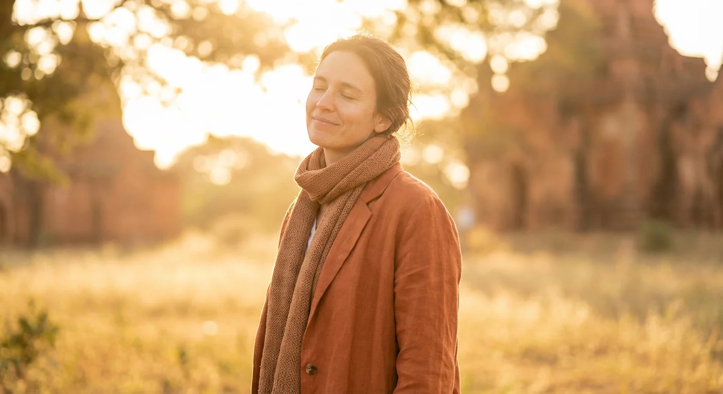 A person smiling with their eyes closed in the warm glow of the sunset.