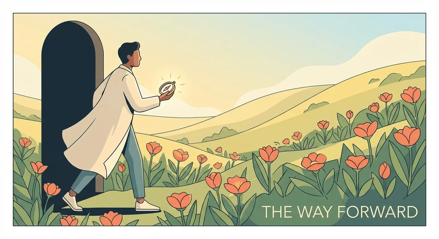 A person stepping from a dark room into a bright field holding a compass.