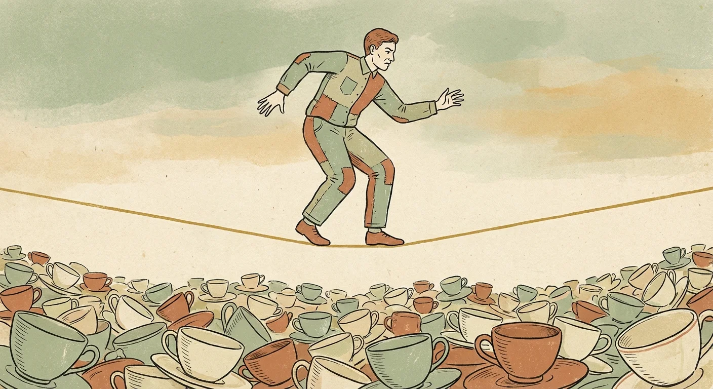 A person tightrope walking over fragile porcelain, representing the high stakes and tension of perfectionism.