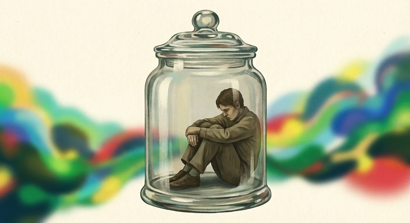 A person trapped inside a glass bell jar looking out at a blurred world.