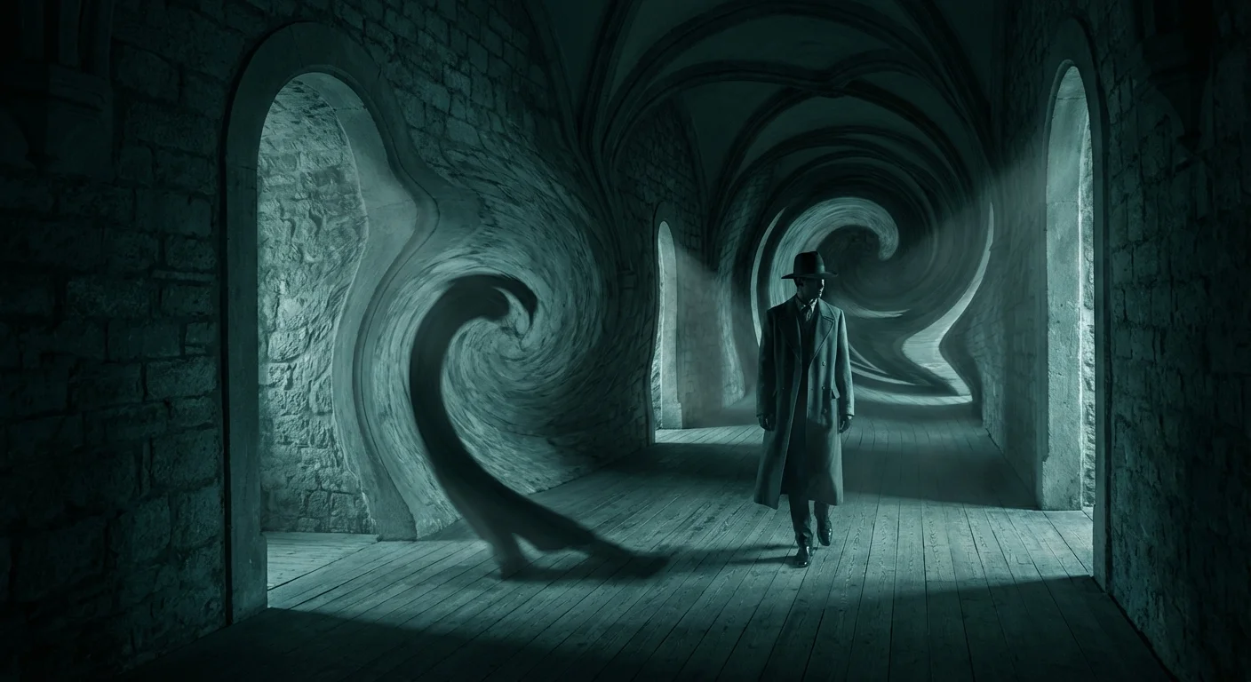 A person walking through a distorted, swirling hallway of warped architecture.