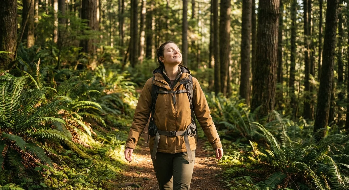 A person walking through a sunny forest, looking relaxed and peaceful.