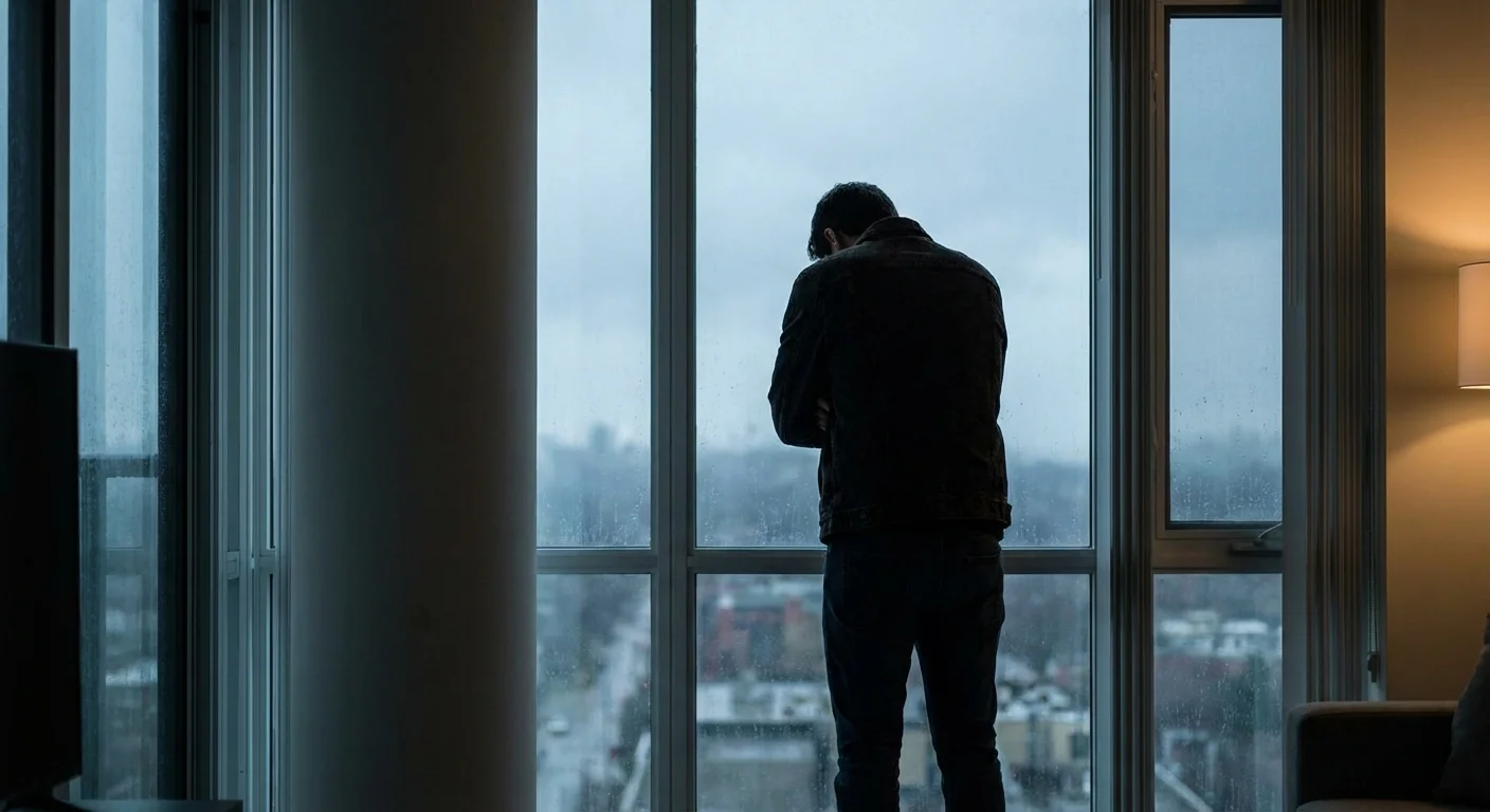 A person with their back turned, looking out a window at a cloudy sky with a defensive posture.