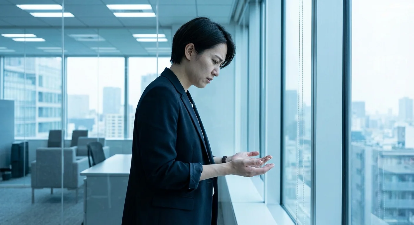 A professional person looking at their hands in a modern office setting.