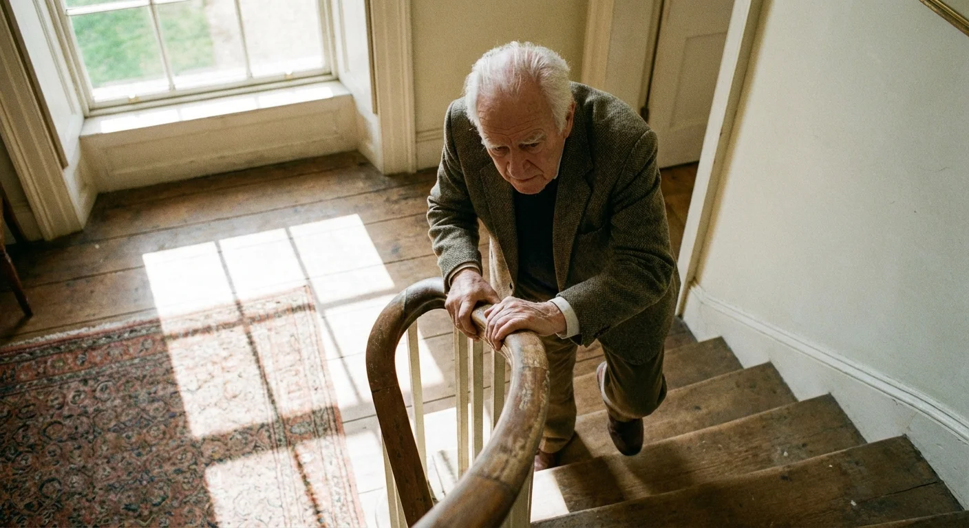 A senior man carefully navigating a staircase in a sunlit home.