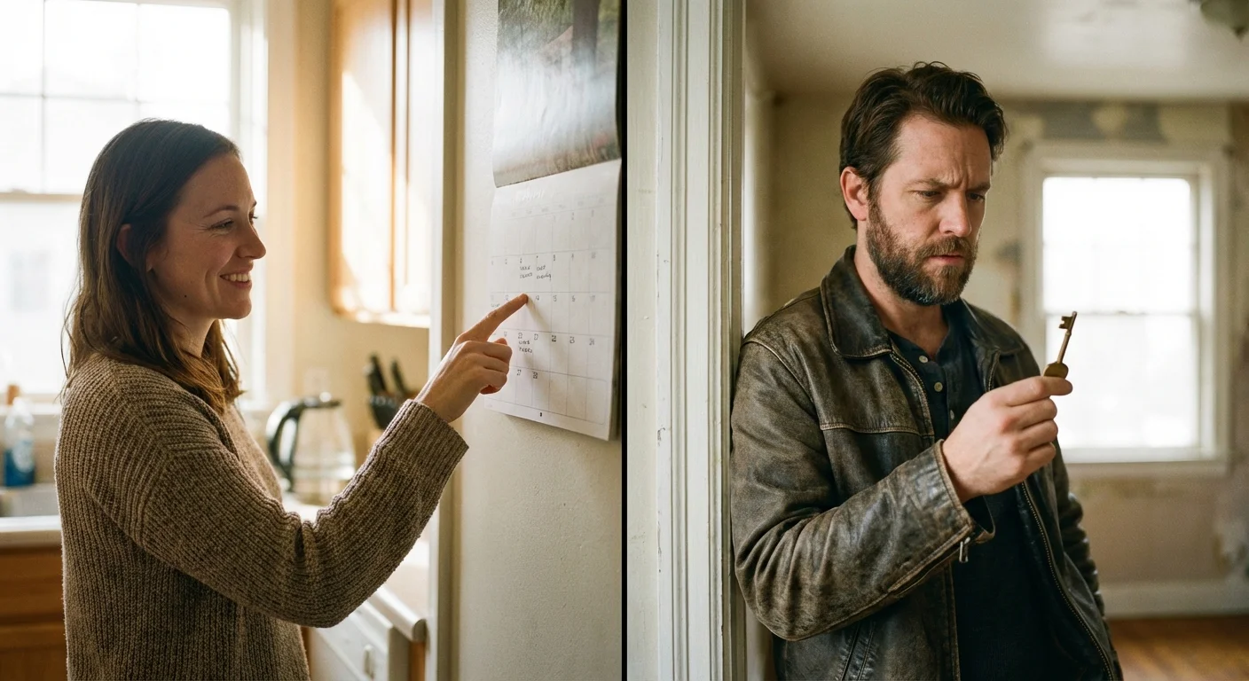 A split image showing a woman organized with a calendar and a man confused by a key.
