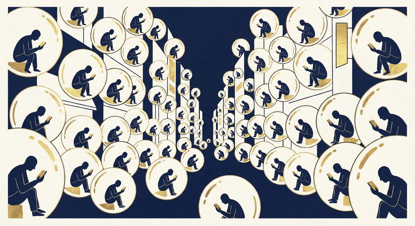 A street of people in individual glass bubbles, illustrating the false sense of isolation in struggle.