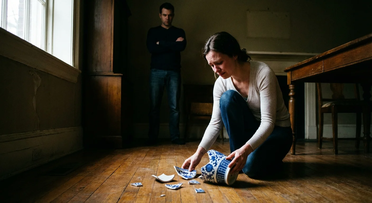 A woman cleaning up a broken vase while a man watches from the shadows.