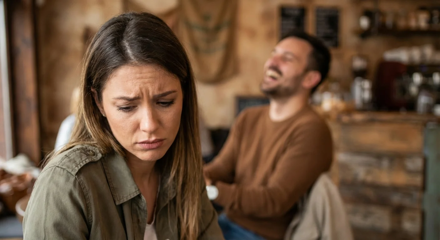 A woman looking hurt in the foreground while a man laughs out of focus in the background.