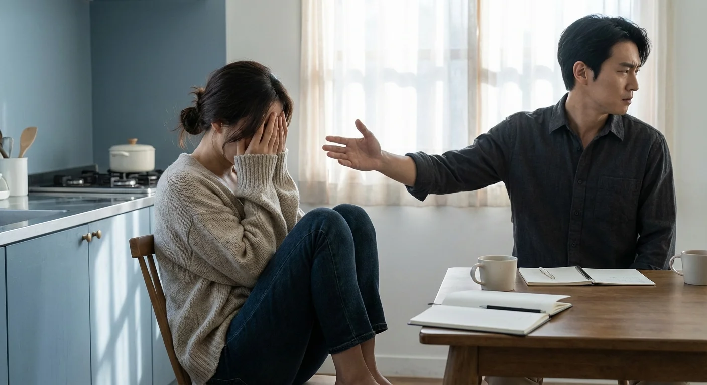 A woman looking overwhelmed in a kitchen while a partner stands nearby with a frustrated expression.