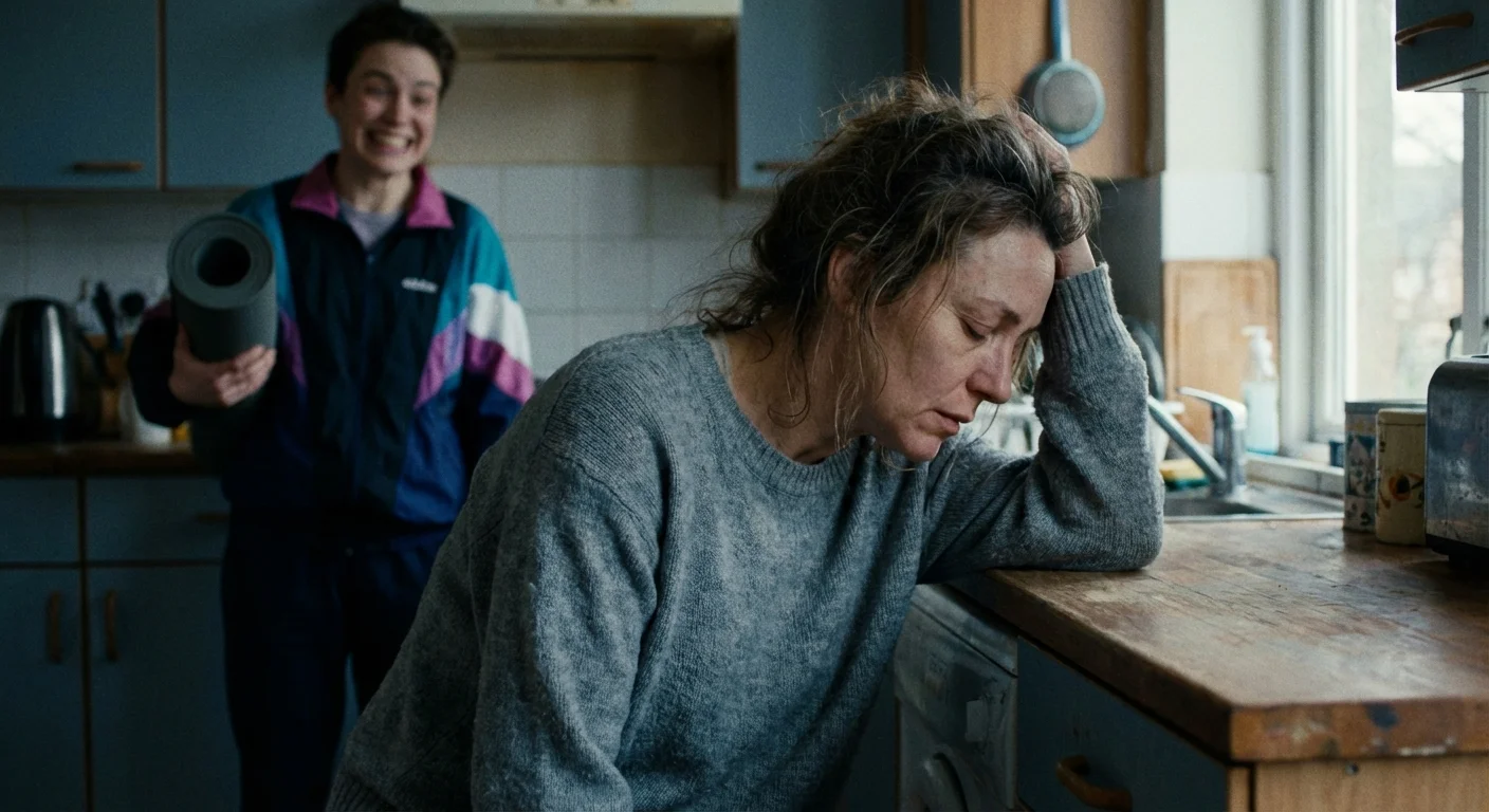 A woman looking tired in a kitchen while her partner offers a yoga mat in the blurred background.