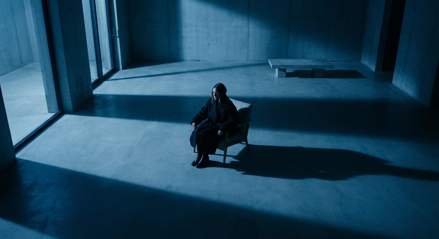 A woman sitting alone in a large, cold room, looking isolated and small.
