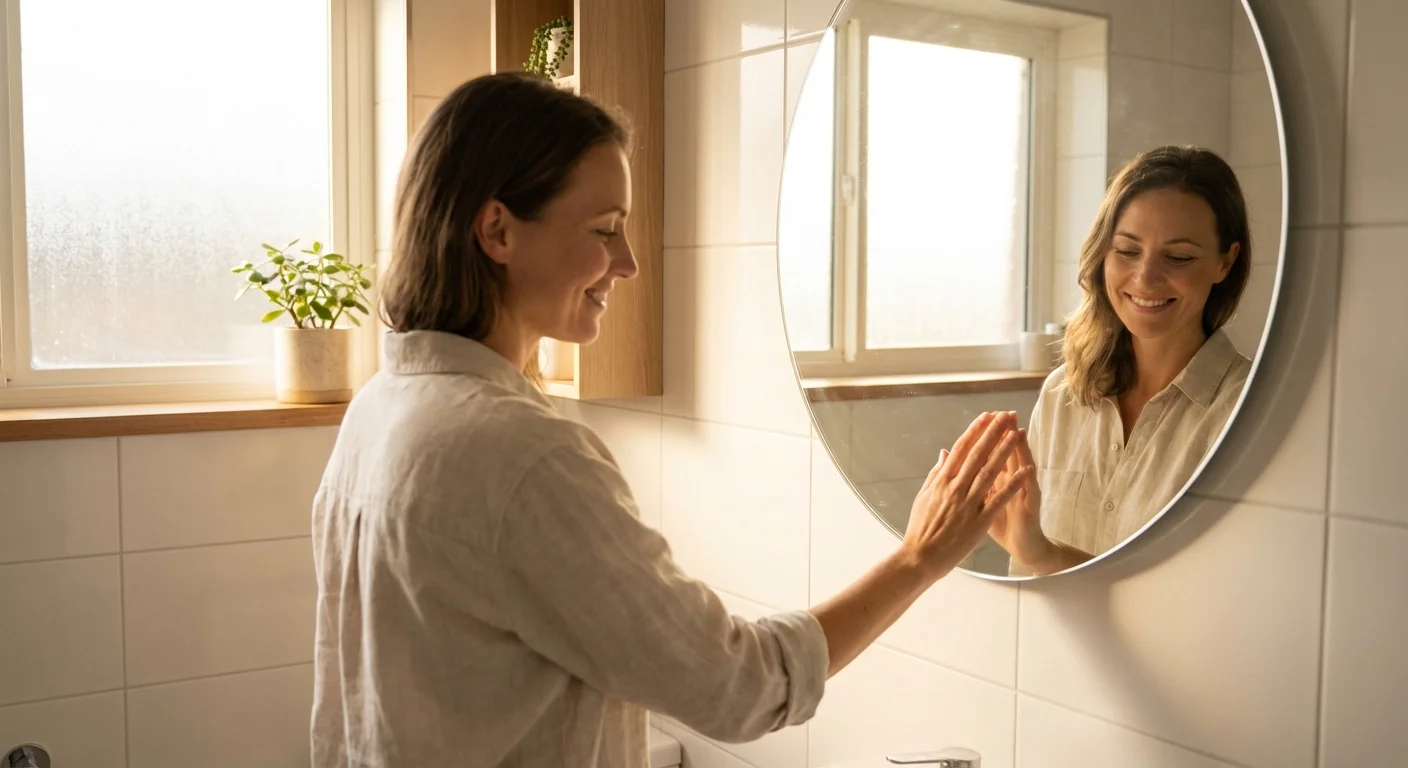 A woman smiling kindly at her reflection in a mirror, practicing self-compassion.