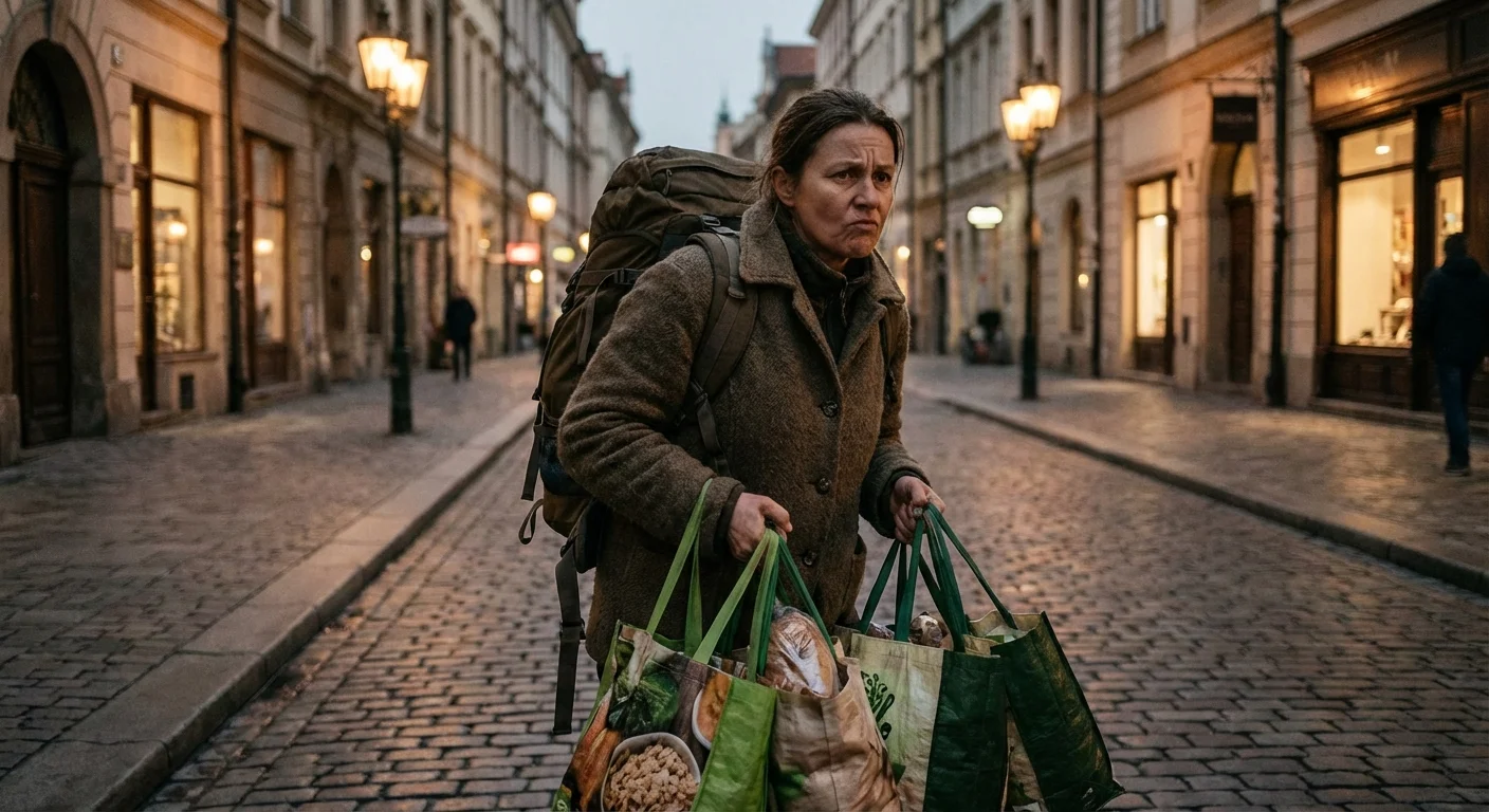 A woman walking alone at night carrying heavy bags, looking determined.