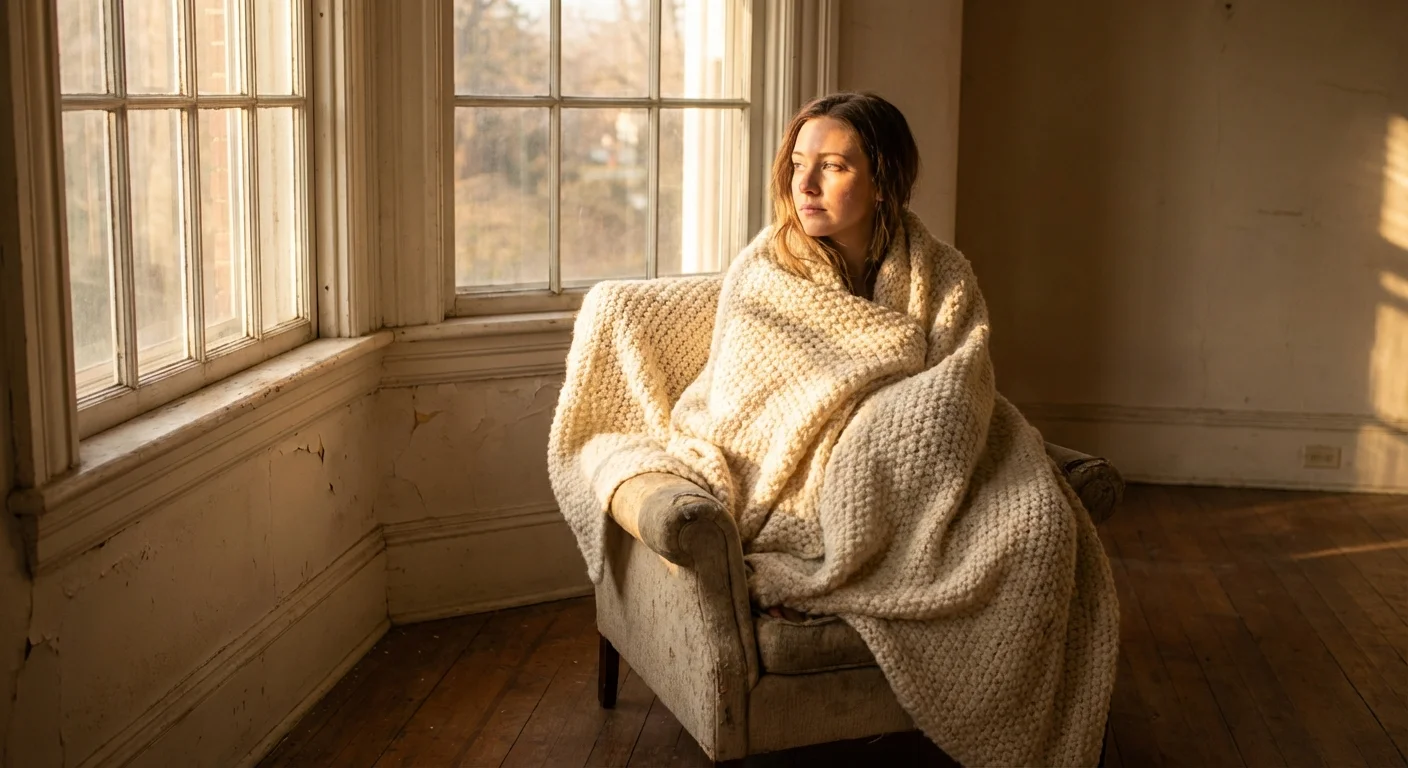 A woman wrapped in a blanket sitting in a sunlit corner of an empty room.