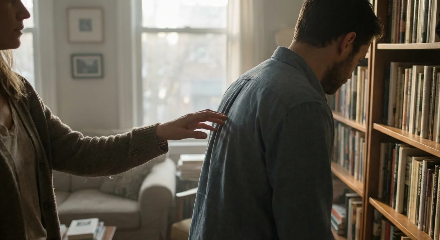 A woman's hand reaching out to touch her husband's arm as he turns his back to her.