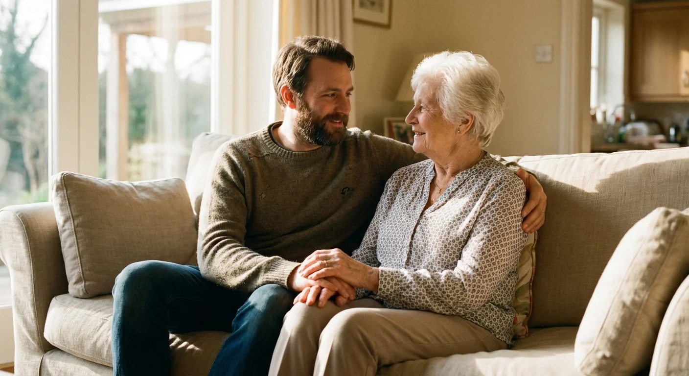 An adult son and his mother having a supportive conversation on a sofa.