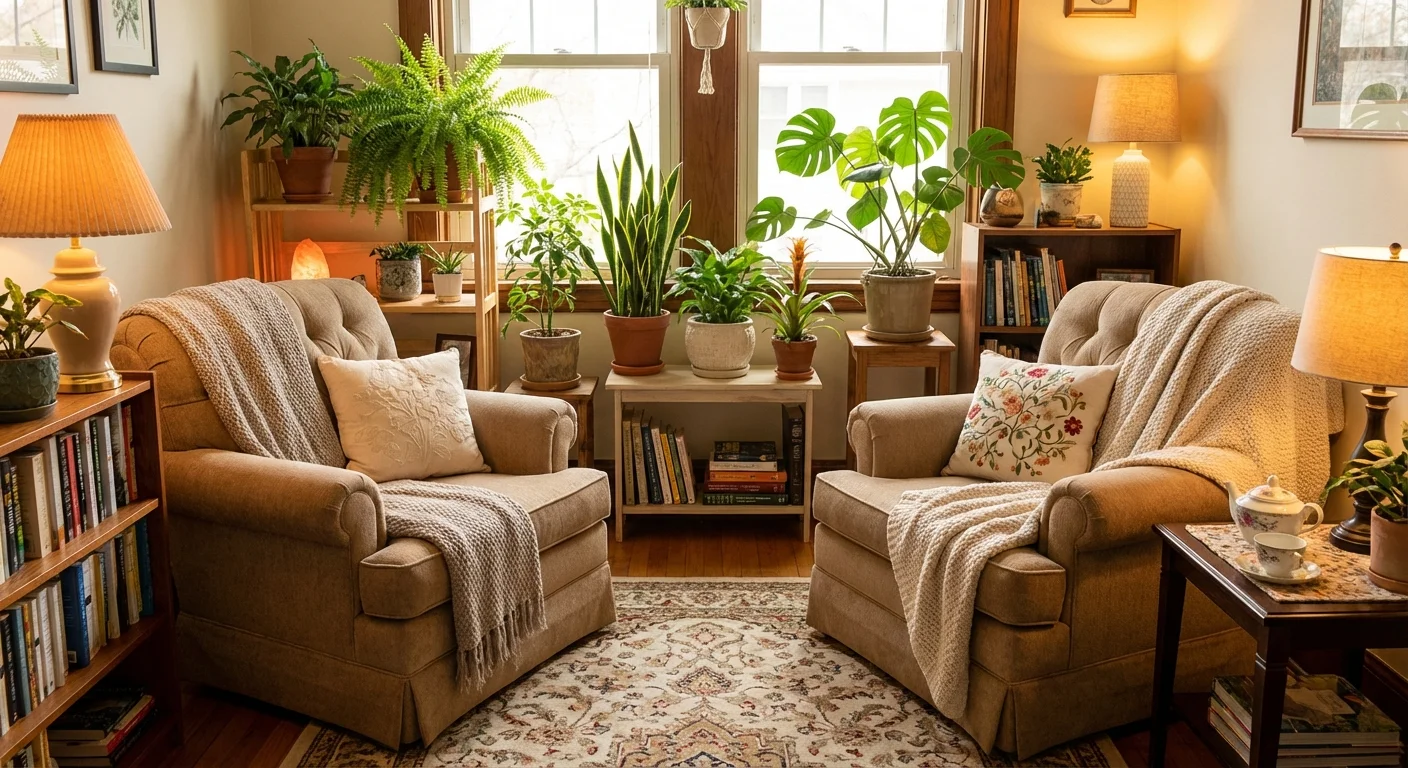 An inviting therapy room with two comfortable chairs and soft lighting.