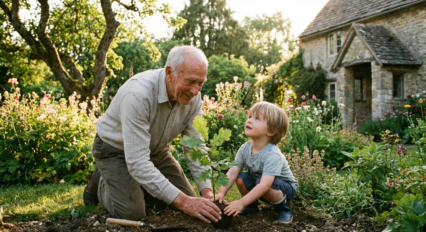 An older man gardening with a young child, sharing knowledge and purpose.
