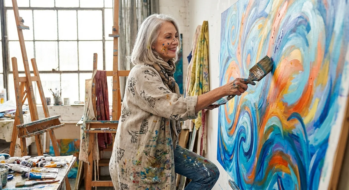 An older woman painting in a bright art studio, showing creativity and energy.