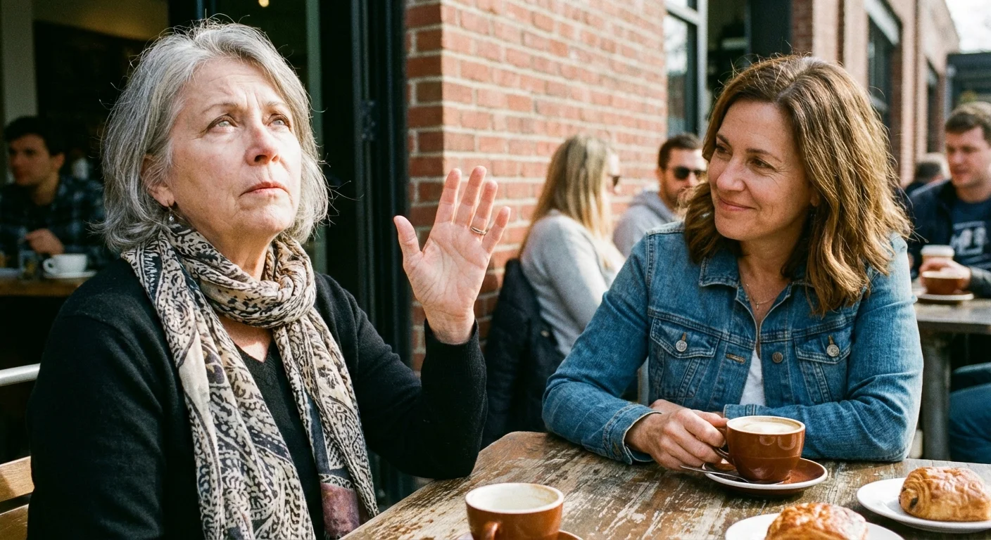 An older woman pausing mid-conversation while her friend listens patiently.