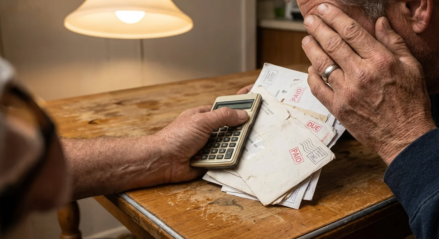 Close-up of a senior's hands managing bills and a calculator at a table.