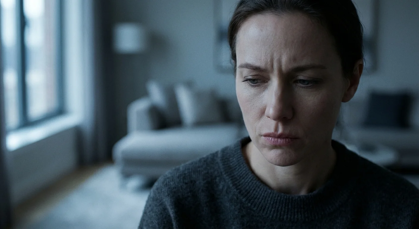 Close-up of a woman looking down in self-doubt, lit by cool blue window light.