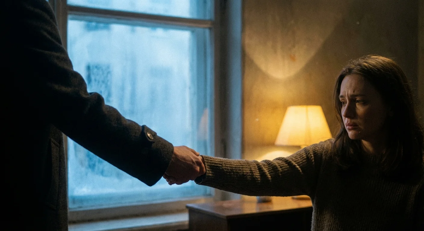 Close-up of a woman pulling her hand away from a partner's grasp, looking conflicted.