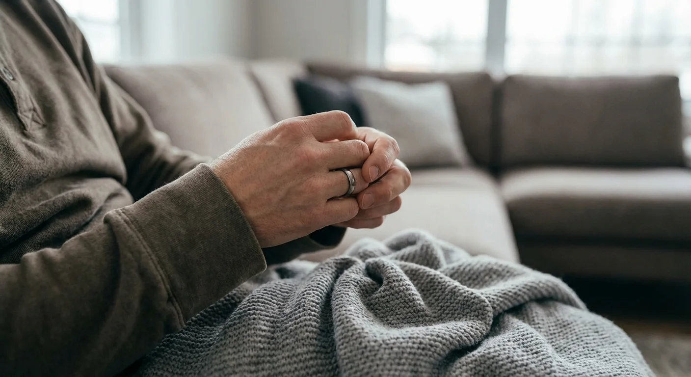 Close-up of hands nervously fidgeting with a ring, showing signs of anxiety and worry.