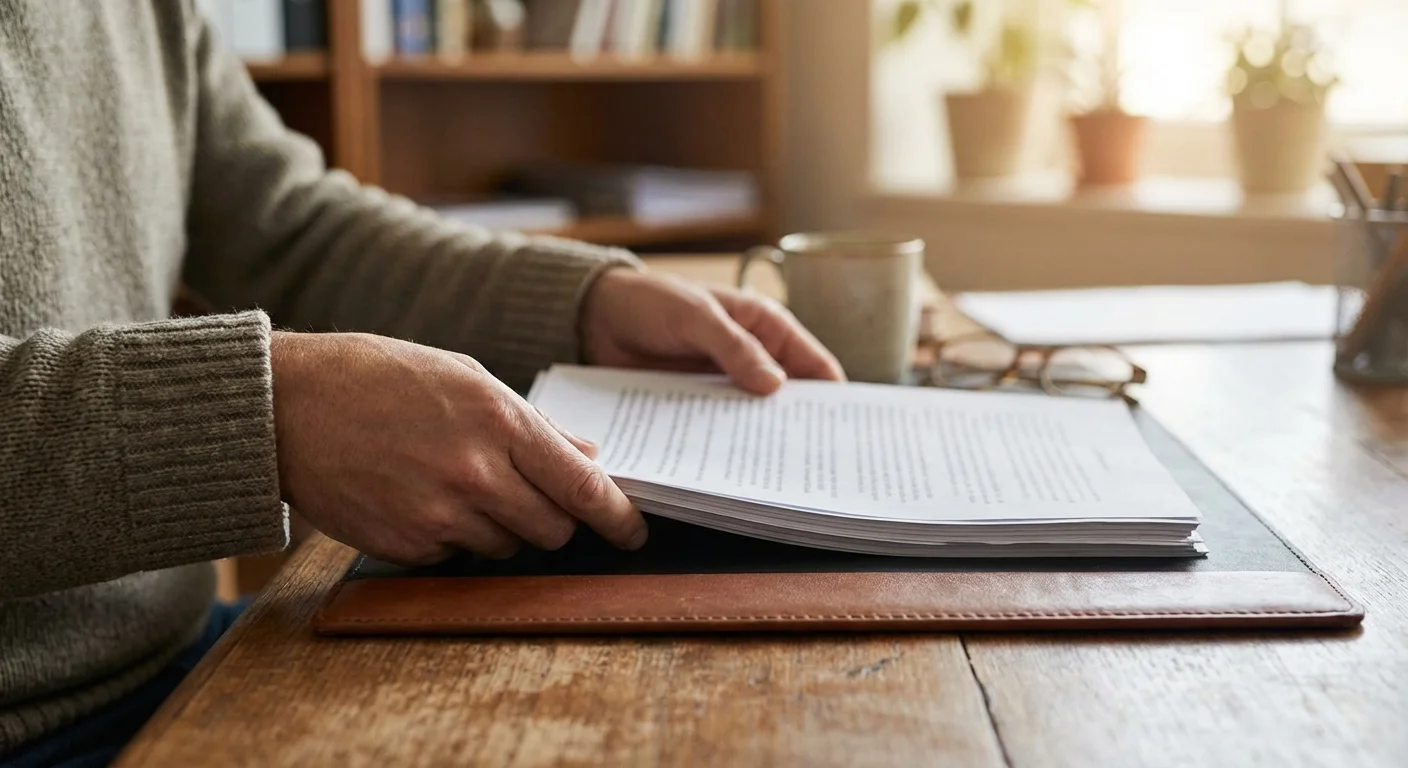 Close-up of hands setting a boundary at a desk by gently declining extra work.