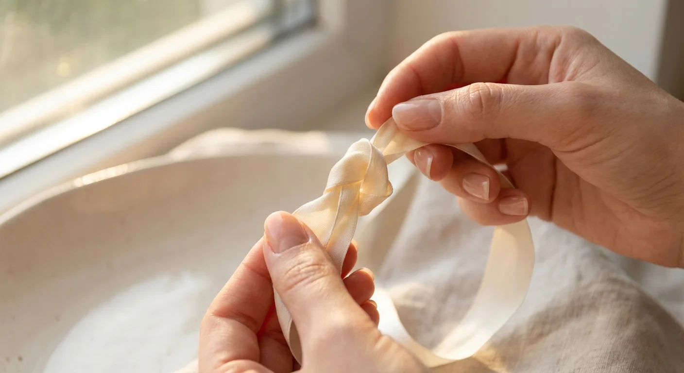 Close-up of hands untying a complex knot in a silk ribbon under soft light.