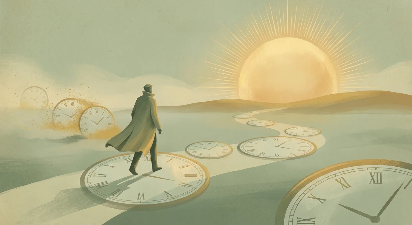 Conceptual art of a person chasing a receding sun on a path of clocks, representing the arrival fallacy.