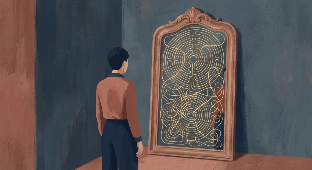 Surreal illustration of a person looking into a mirror that reflects a golden labyrinth, symbolizing internal complexity.