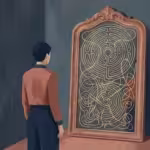Surreal illustration of a person looking into a mirror that reflects a golden labyrinth, symbolizing internal complexity.