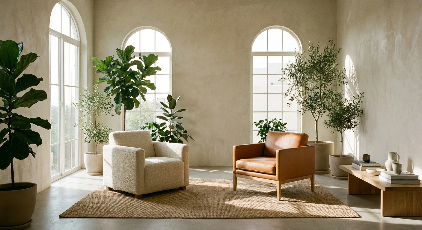 Two armchairs facing each other in a bright, peaceful room with plants.