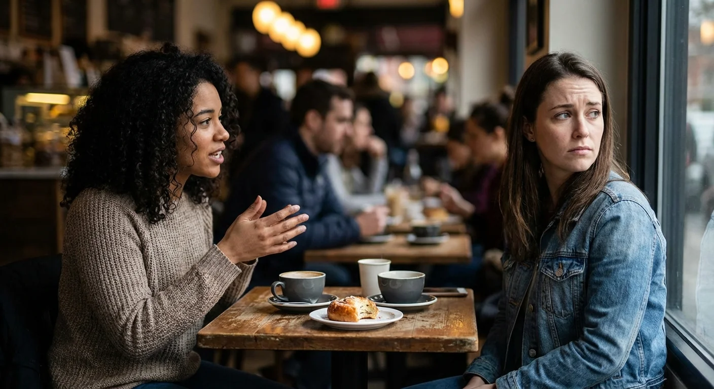 Two friends at a cafe where one person looks away, feeling misunderstood during a conversation.