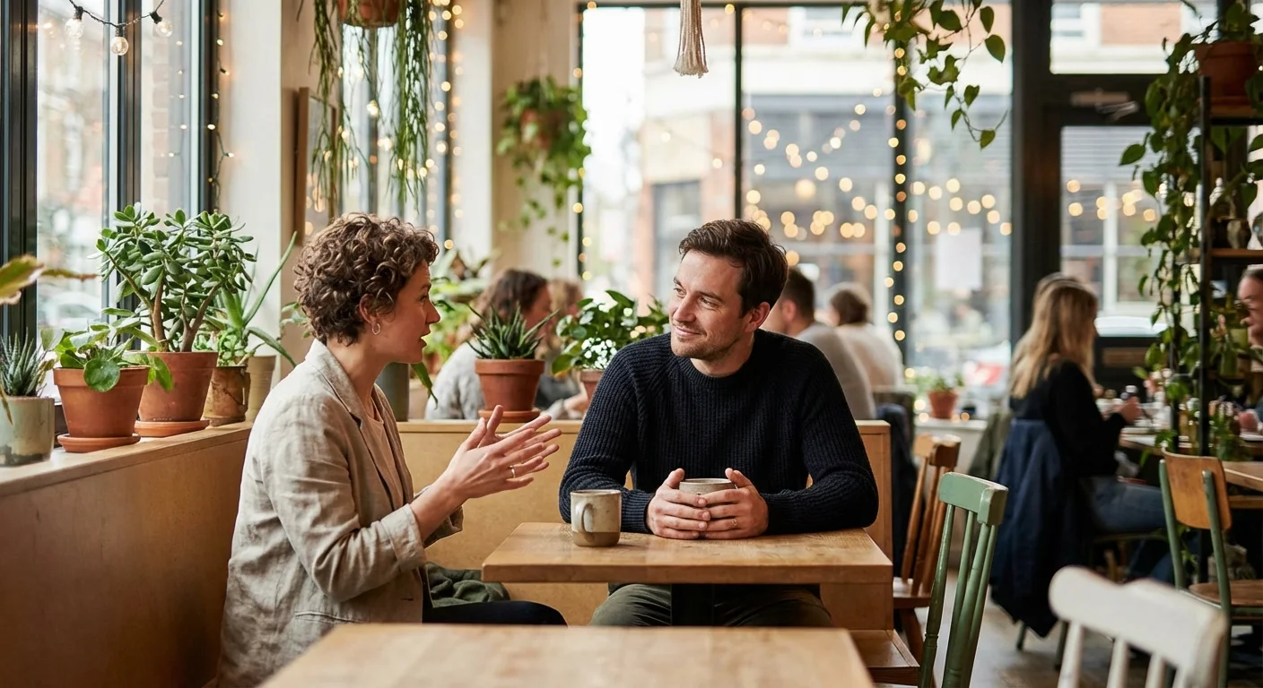 Two people in a cafe, one listening intently and compassionately to the other.
