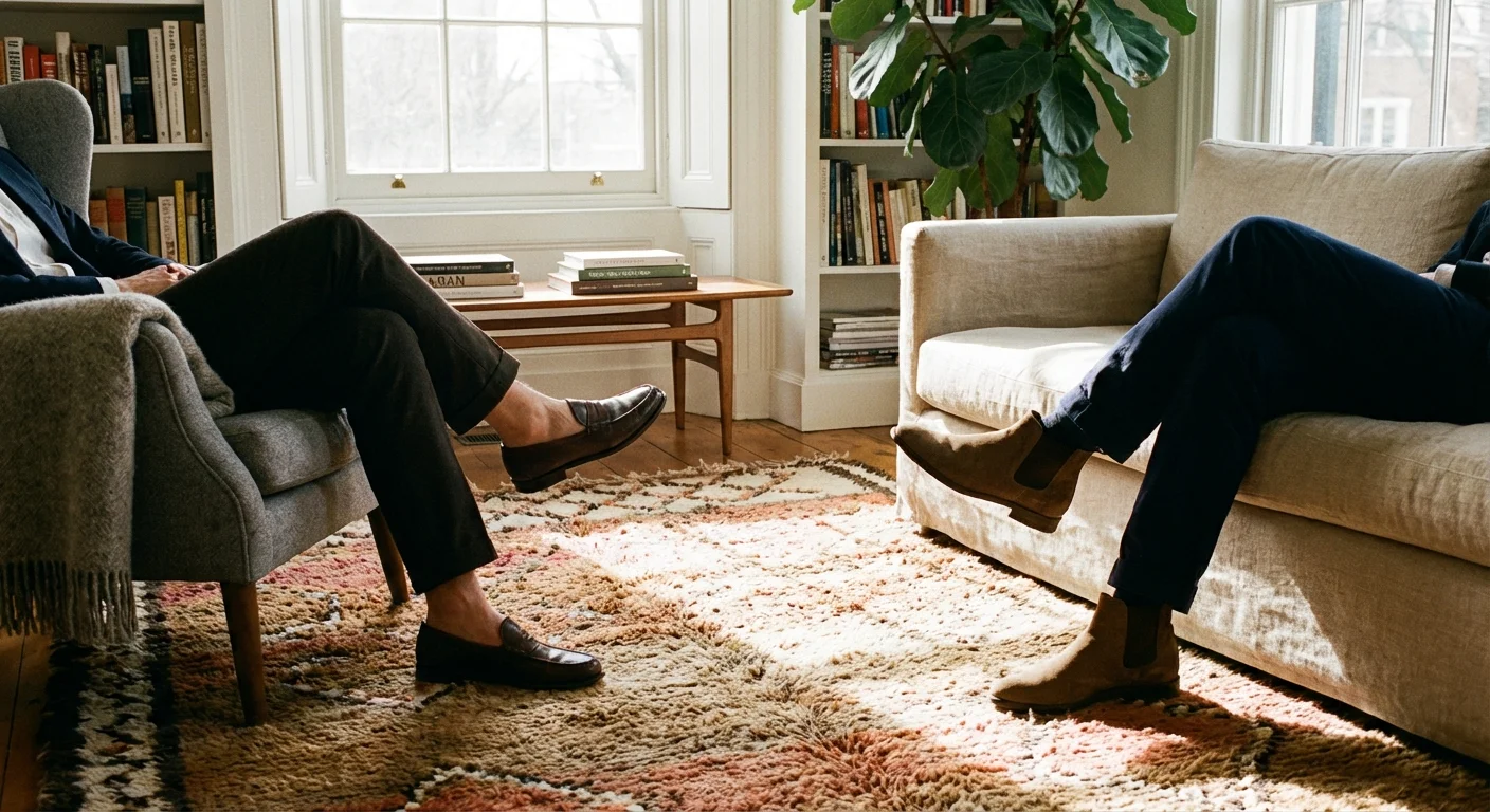 Two people sitting in a comfortable room, focused on their conversation.