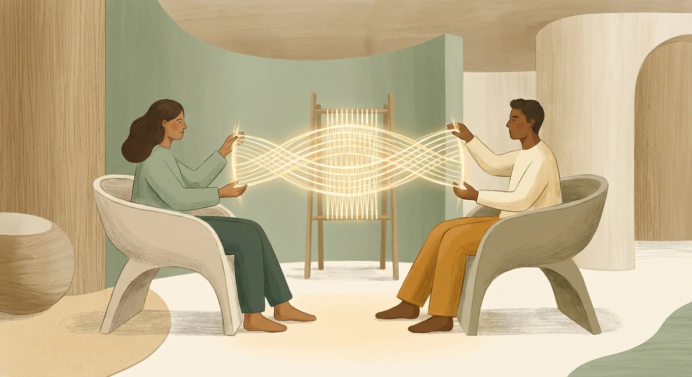 Two people sitting together with a bridge of light forming between them, symbolizing the therapeutic connection.